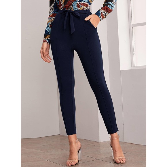 Tie Front Pocket Skinny Pants navy blue - Picture 1 of 11